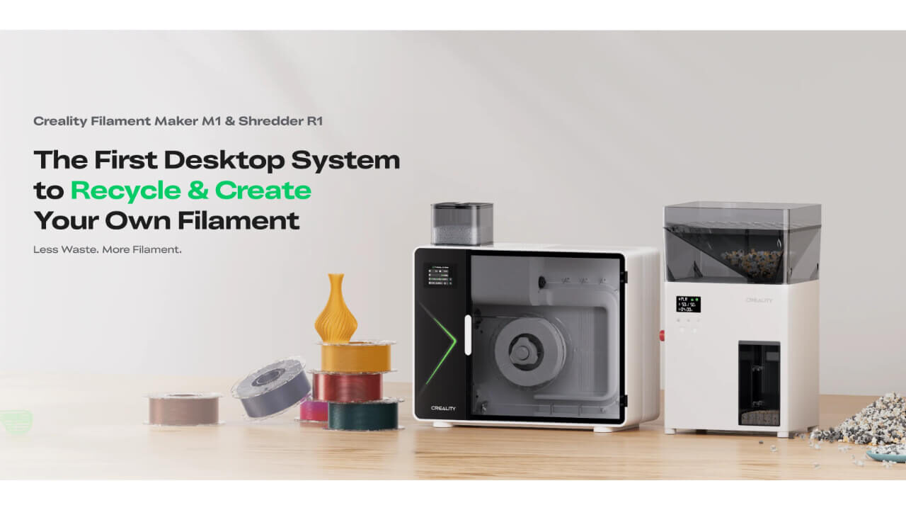 Creality's Filament Maker M1 (center) and Shredder R1 (right) form a complete desktop filament recycling system.