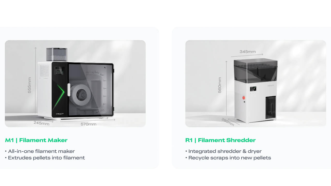 M1 Filament Maker (570×655×245mm) and R1 Shredder (345×560×280mm) are designed for desktop integration.