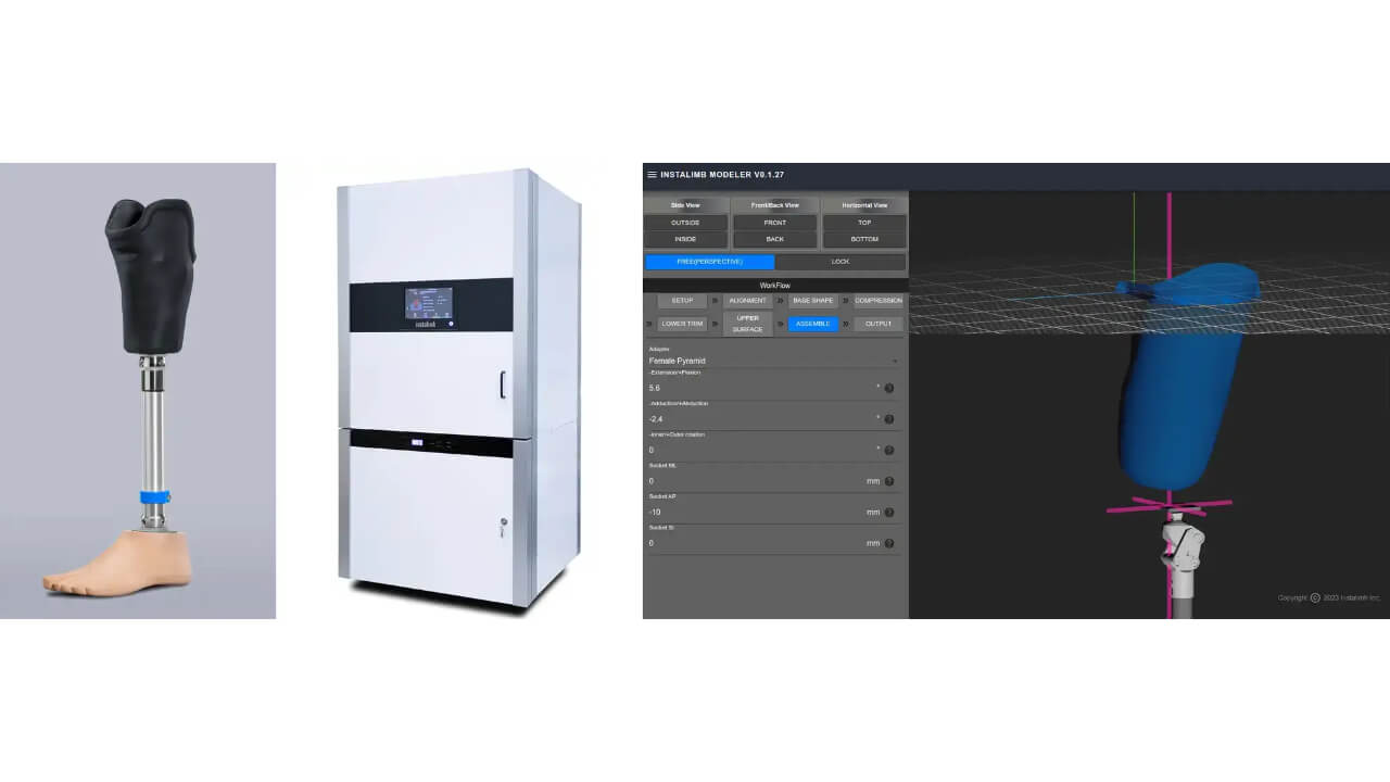 (From left) Instalimb's 3D printed prosthetic leg, prosthetic 3D printer developed and manufactured by the company, and 3D-CAD software for prosthetic design developed by Instalimb