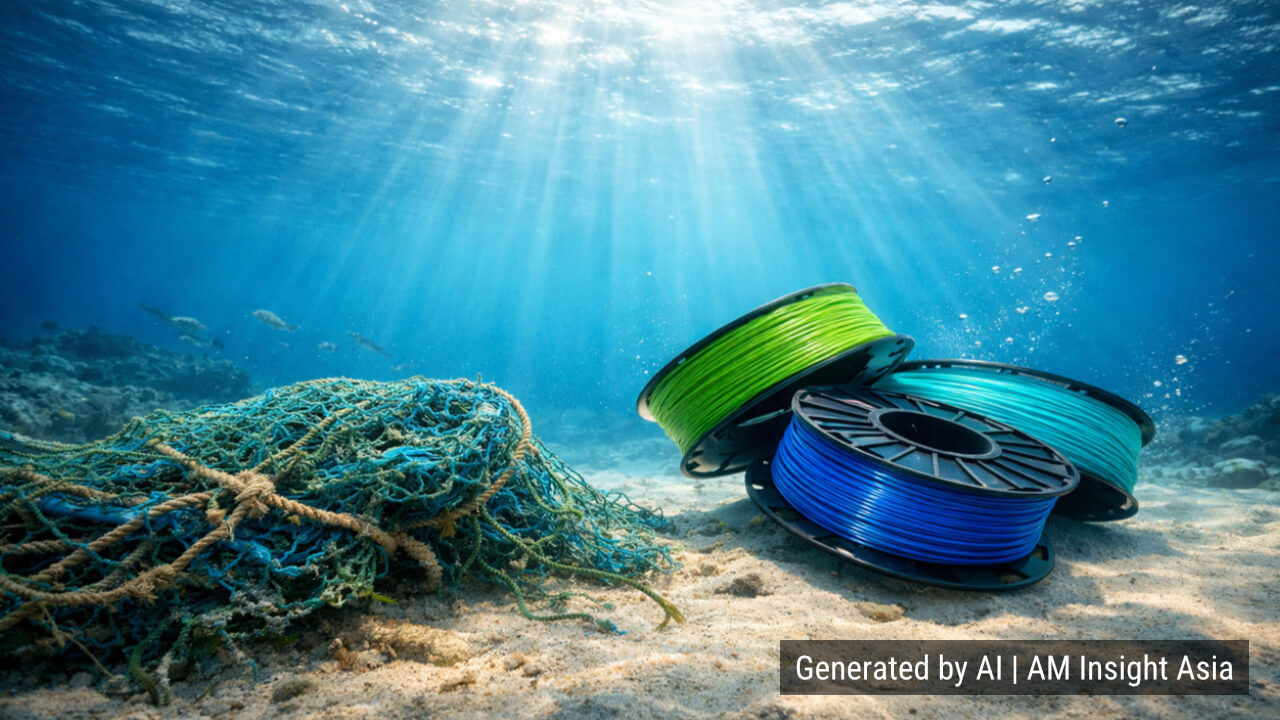 A ghost net on the ocean floor — the raw material at the heart of Chulalongkorn University's recycled fishing net filament research.