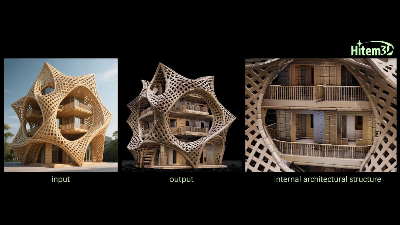 Hitem3D's image-to-3D AI platform demonstrates conversion from single image input to 3D model output with detailed internal architectural structure.