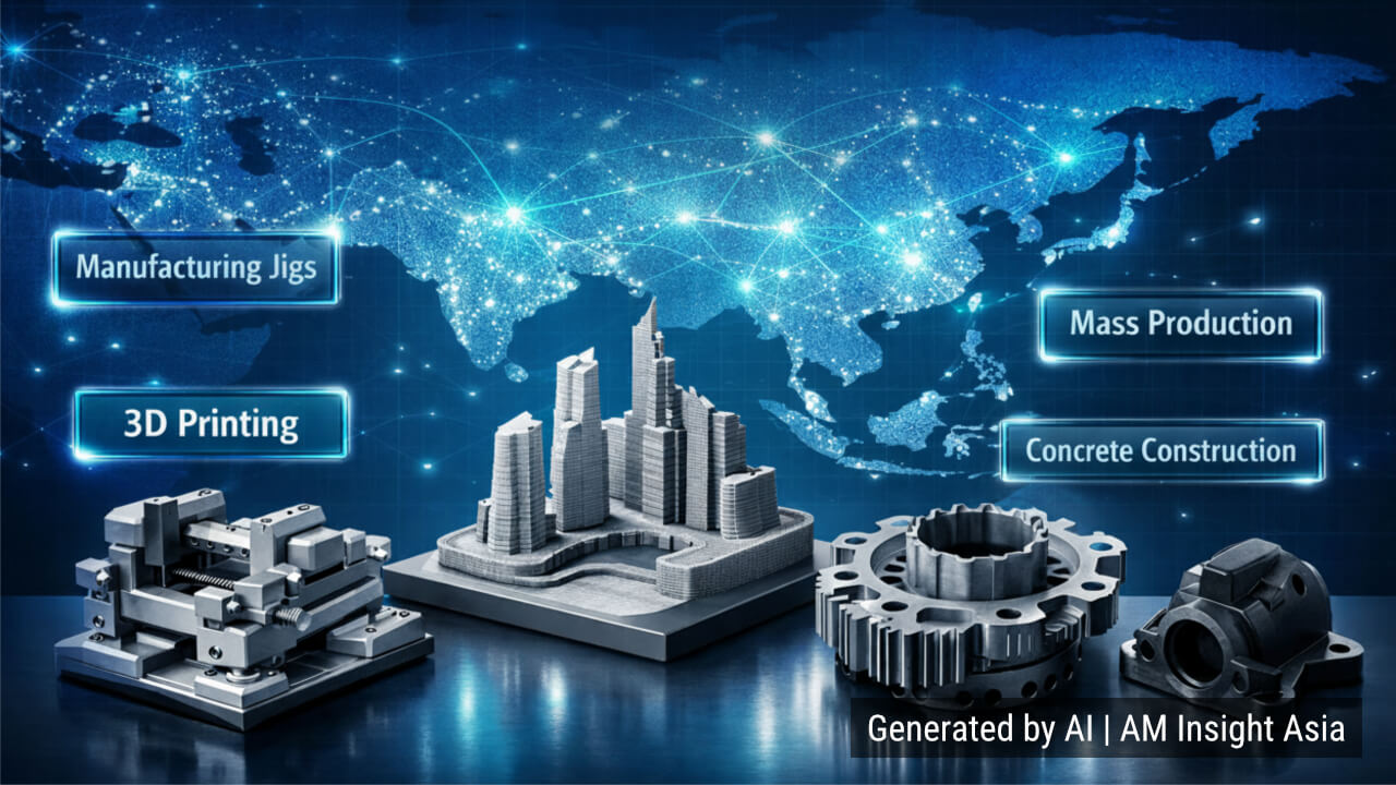 Asia's diverse AM priorities: Japan searches for "manufacturing jigs," China for "mass production," UAE for "concrete construction"—each reflecting distinct industrial strategies.