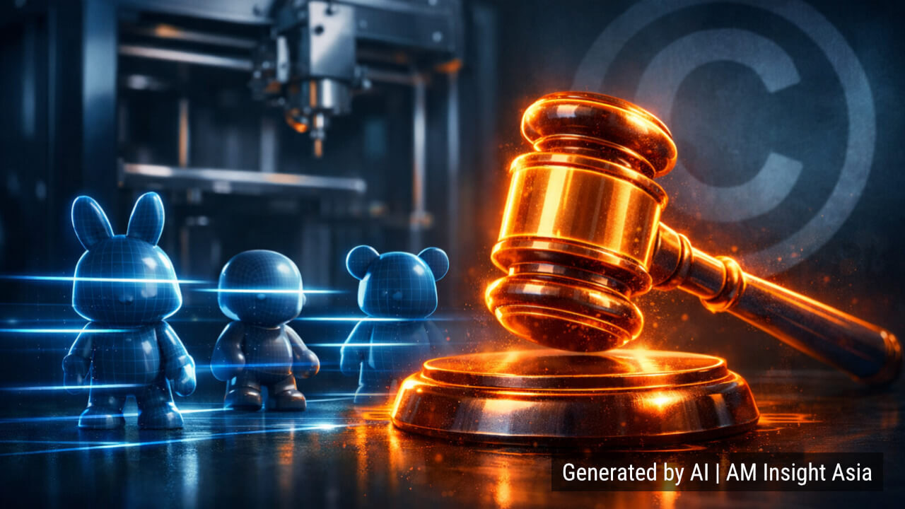 A conceptual illustration of the copyright dispute over 3D-printed character models.