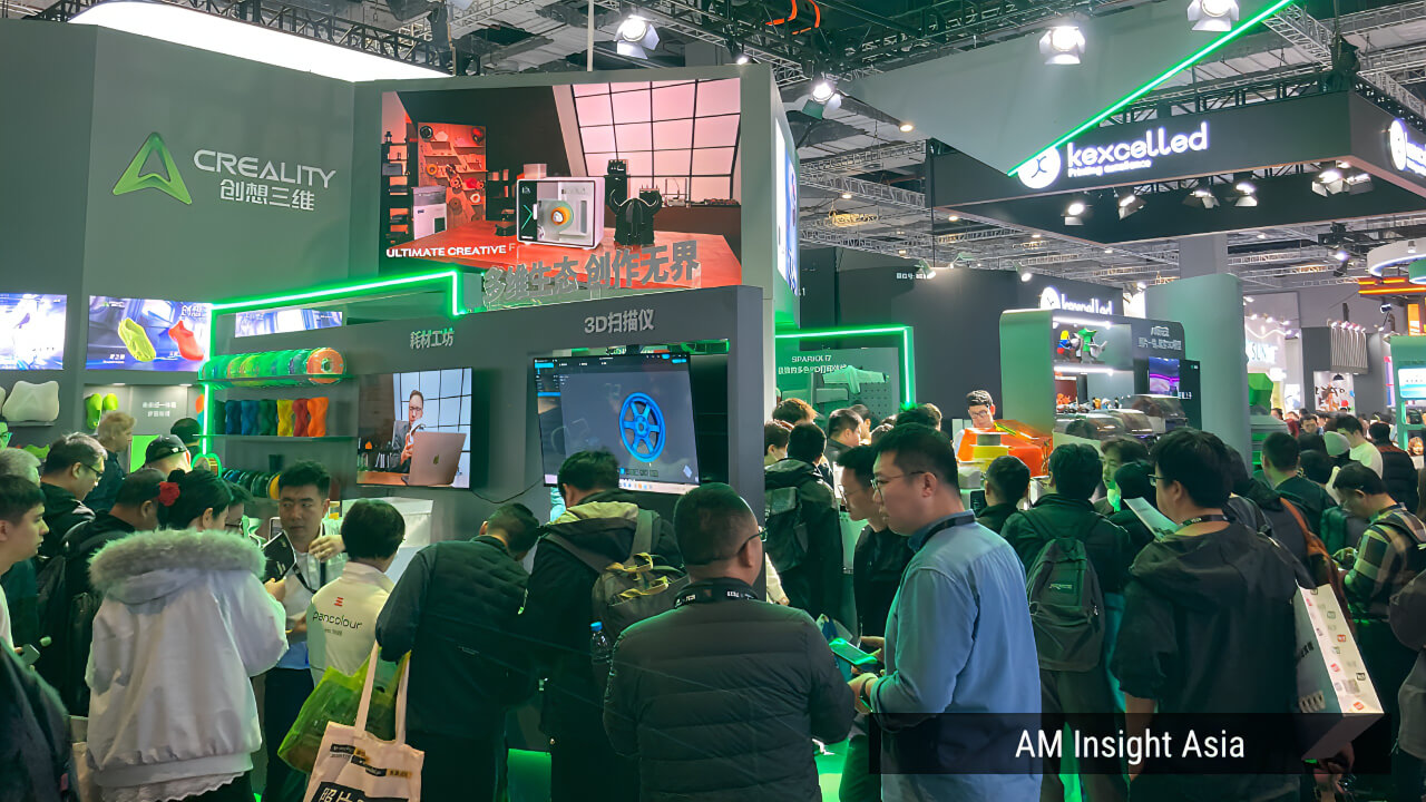Creality booth at TCT Asia 2026, packed with visitors exploring the company's broad printer and materials ecosystem.