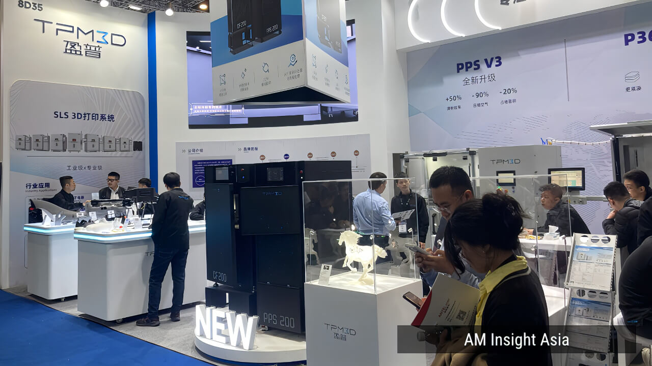 TPM3D booth at TCT Asia 2026 — the CF200+PPS200 compact SLS system taking center stage under the "NEW" banner.