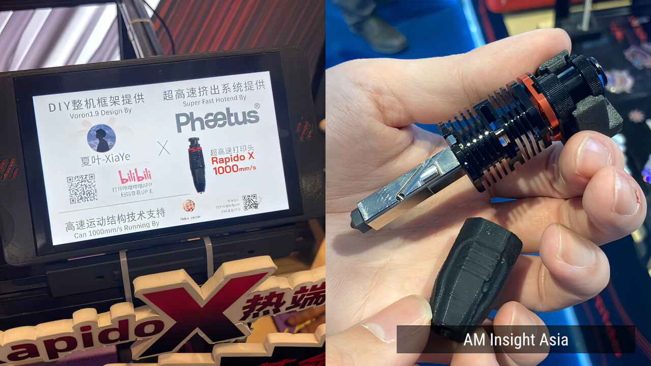Phaetus RapidoX + Liber live demo — 1,000mm/s print speed, 100mm³/s flow rate, running live on the show floor.