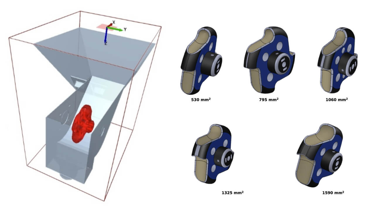 [Article in Press] Model diagram of seed metering system in EDEM (left) and design diagram of metering roller with different cell area (right).