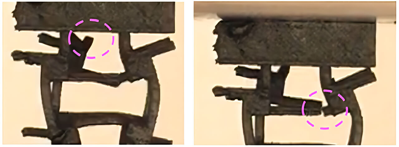 A titanium alloy lattice fabricated from powder, fracturing randomly at different locations