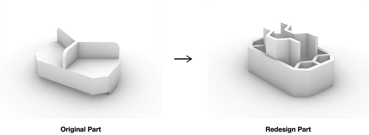 Original part (left) vs. honeycomb-optimized redesign (right).