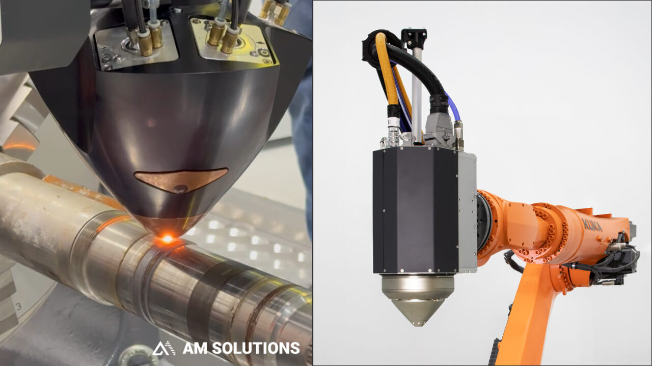 Left: LW-DED deposition in action. Right: Meltio DED head on a KUKA robotic arm.