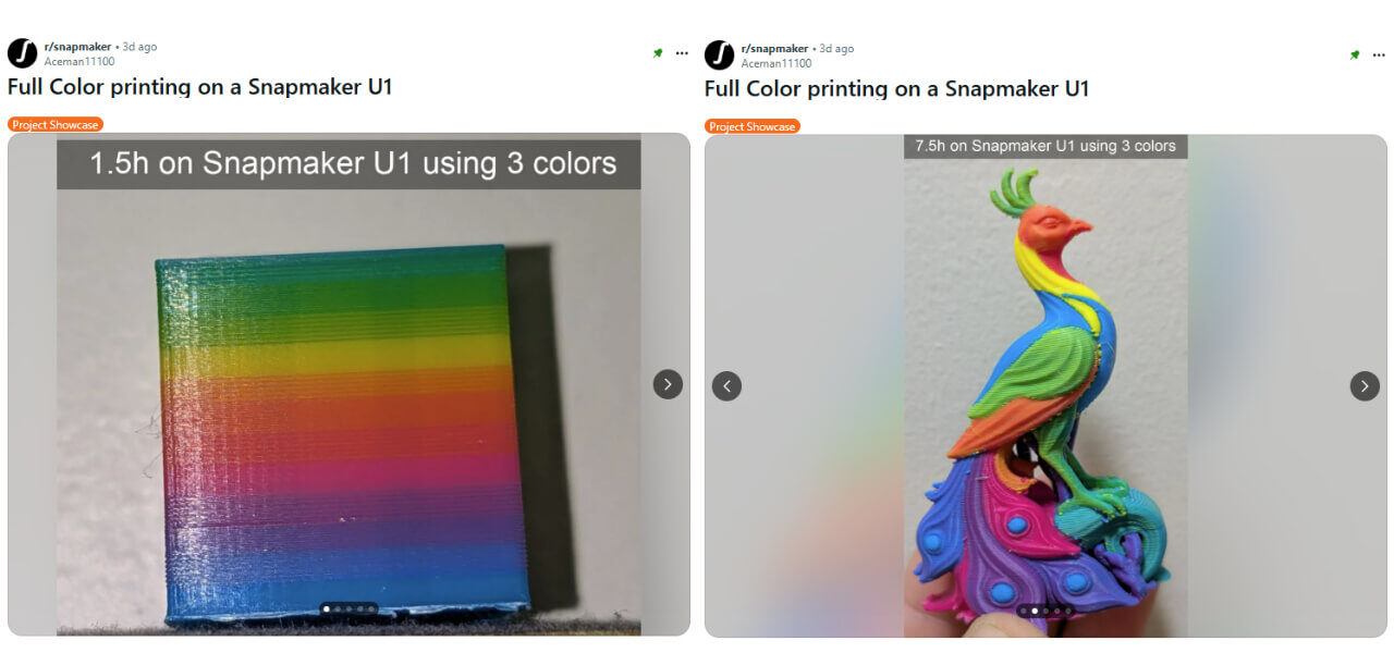 Full color printing on a Snapmaker U1 using 3 filaments | Photo: Aceman11100 via Reddit