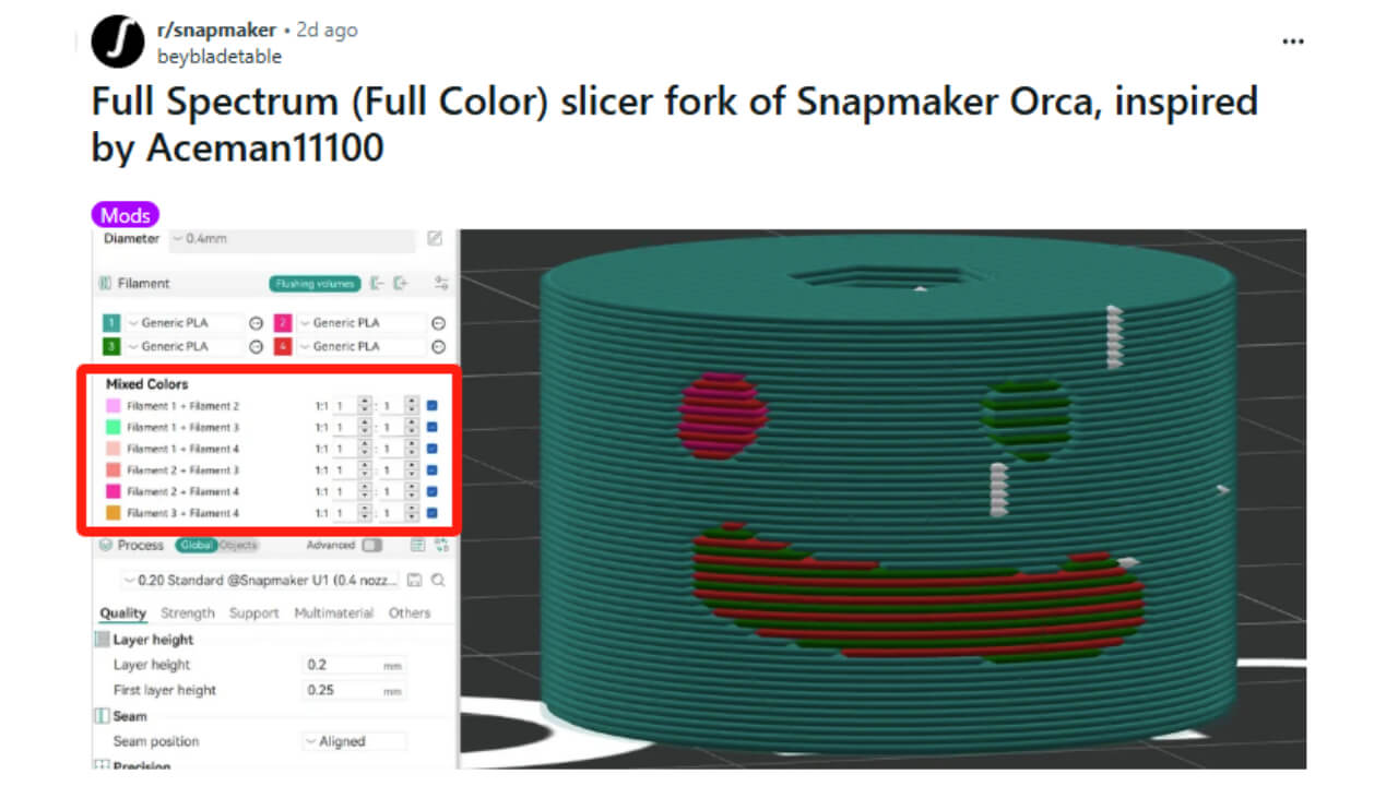 Full Spectrum's slicer UI showing the Mixed Colors feature, generating intermediate colors from four filaments | Photo: beybladetable via Reddit