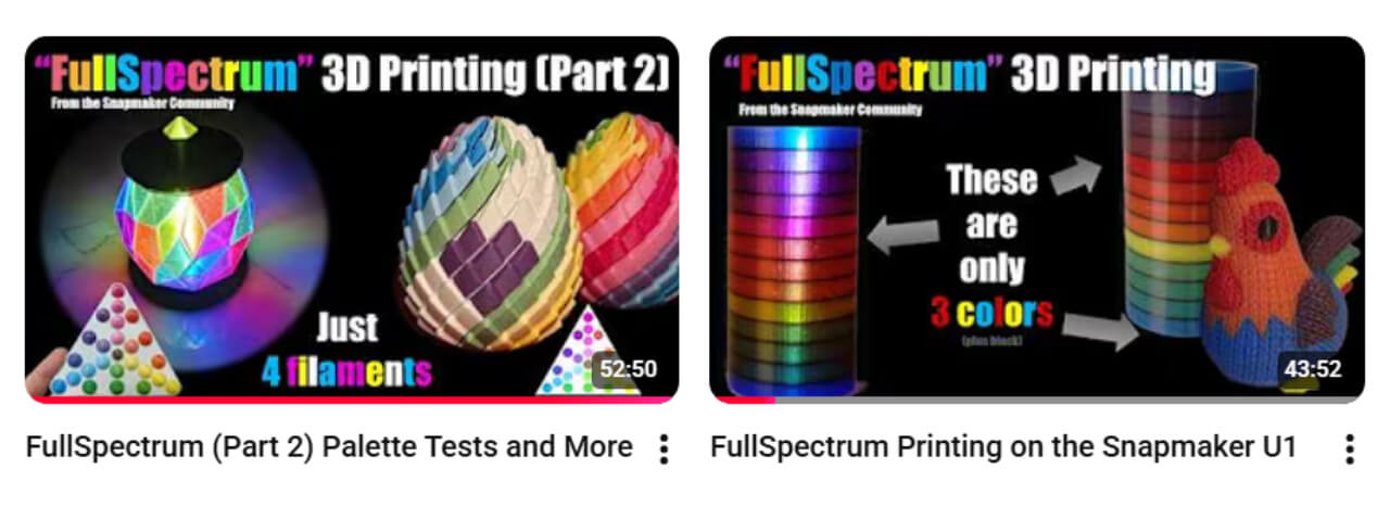 Community tutorial videos showcasing Full Spectrum 3D printing on the Snapmaker U1, using just 3 or 4 filaments | Photo: WombleyWonders via YouTube