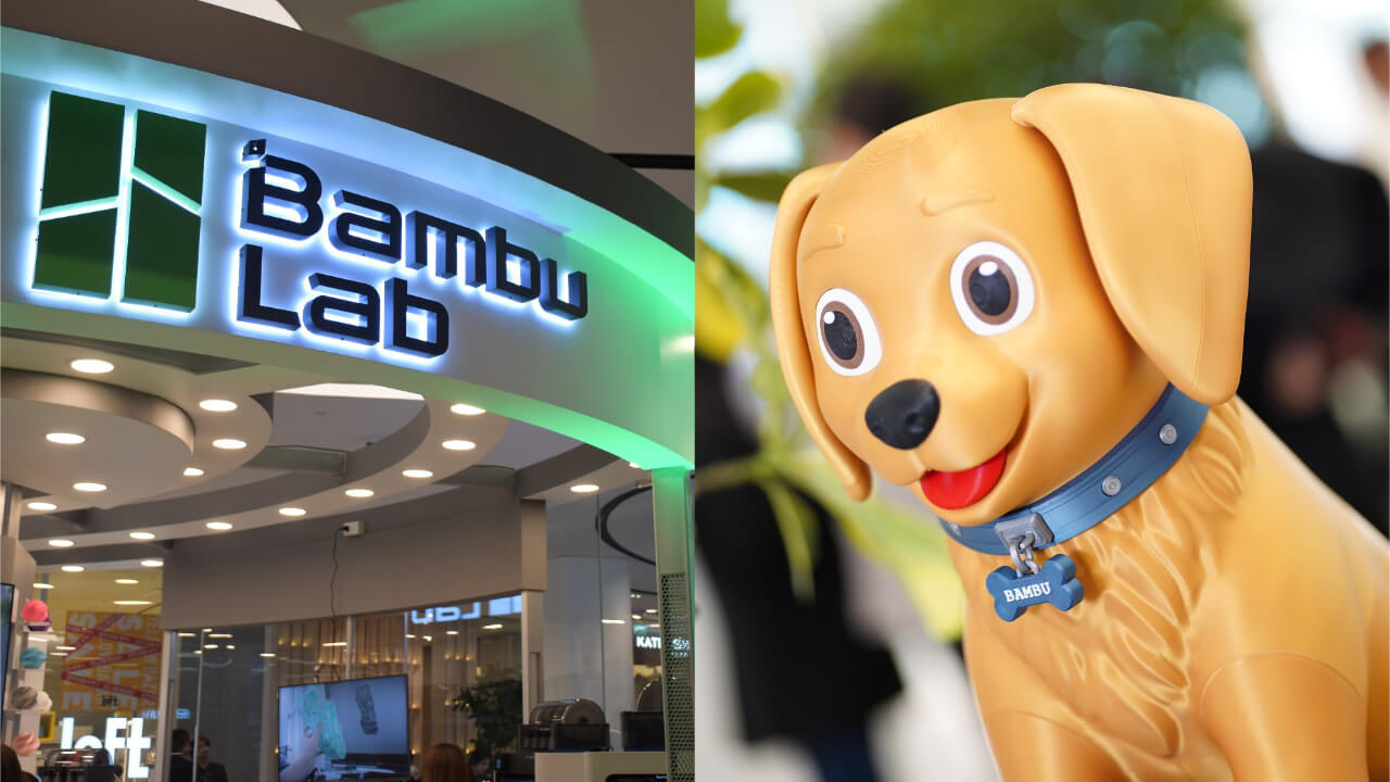 The storefront sign and a 3D printed golden retriever greeting visitors | Photo: 3D Studio