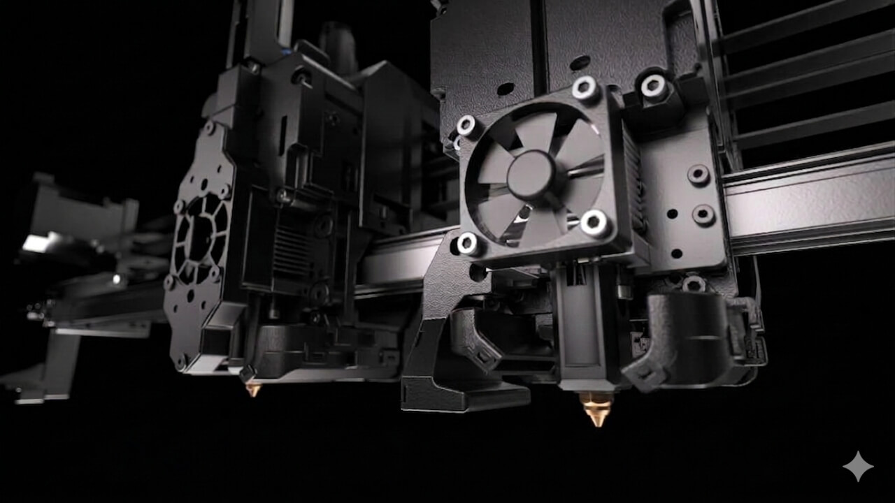 A close-up of the M1D's extruder assembly and cooling fan. | Photo: Sovol