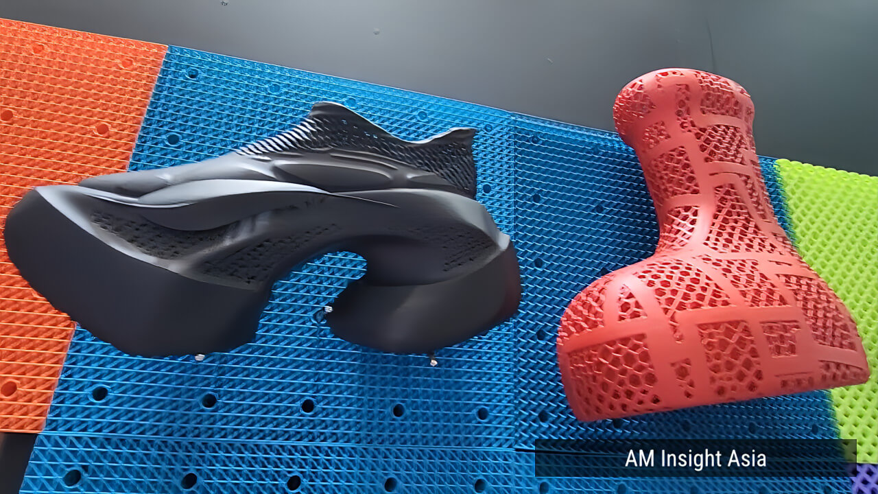 A range of 3D printed shoes in varied colors and designs, seen on the show floor at Formnext Asia Shenzhen 2026 | Photo: AM Insight Asia