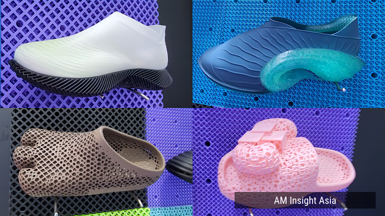 A range of 3D printed shoes in varied colors and designs, seen on the show floor at Formnext Asia Shenzhen 2026 | Photo: AM Insight Asia