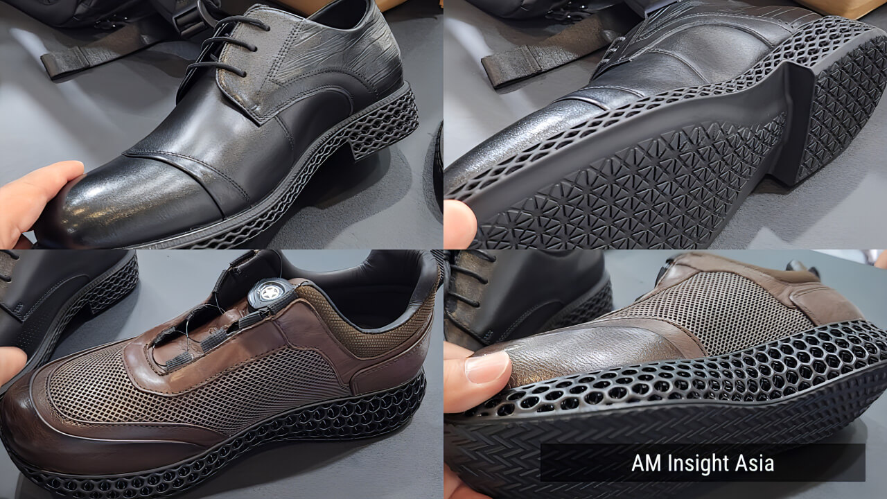 A range of 3D printed shoes in varied colors and designs, seen on the show floor at Formnext Asia Shenzhen 2026 | Photo: AM Insight Asia