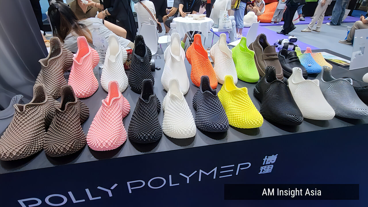 A range of 3D printed shoes in varied colors and designs, seen on the show floor at Formnext Asia Shenzhen 2026 | Photo: AM Insight Asia