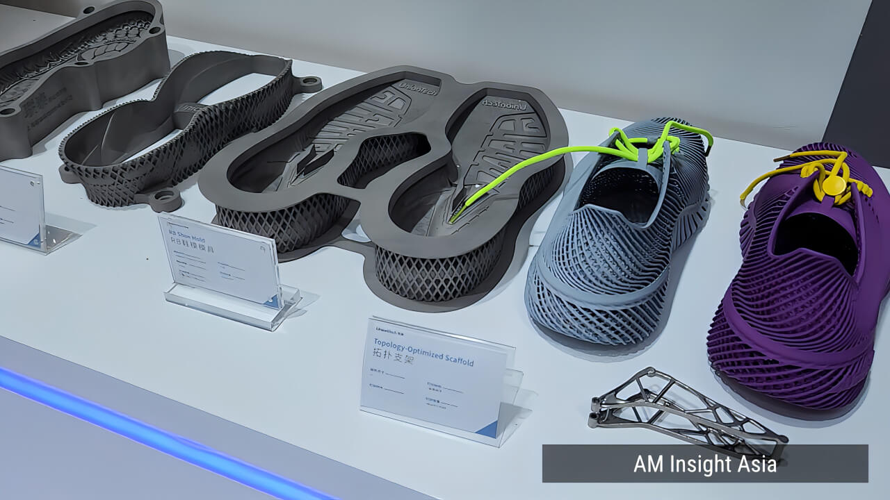 A range of 3D printed shoes in varied colors and designs, seen on the show floor at Formnext Asia Shenzhen 2026 | Photo: AM Insight Asia