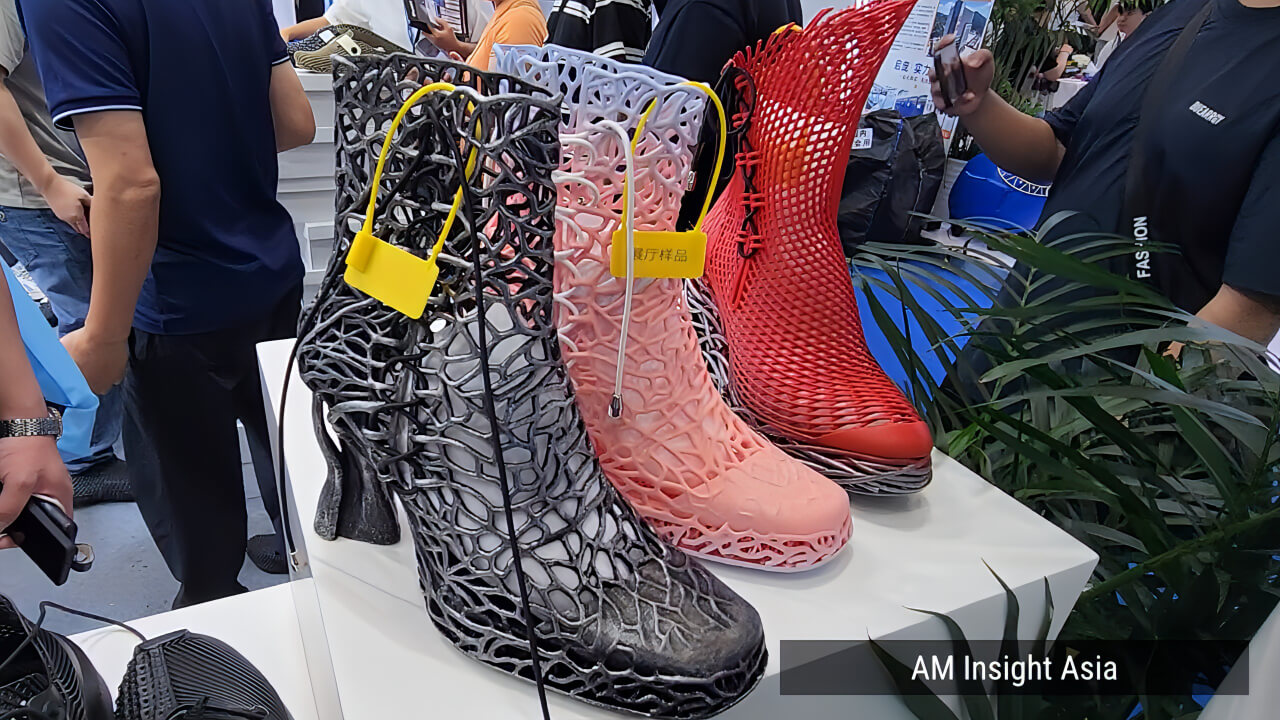 A range of 3D printed shoes in varied colors and designs, seen on the show floor at Formnext Asia Shenzhen 2026 | Photo: AM Insight Asia