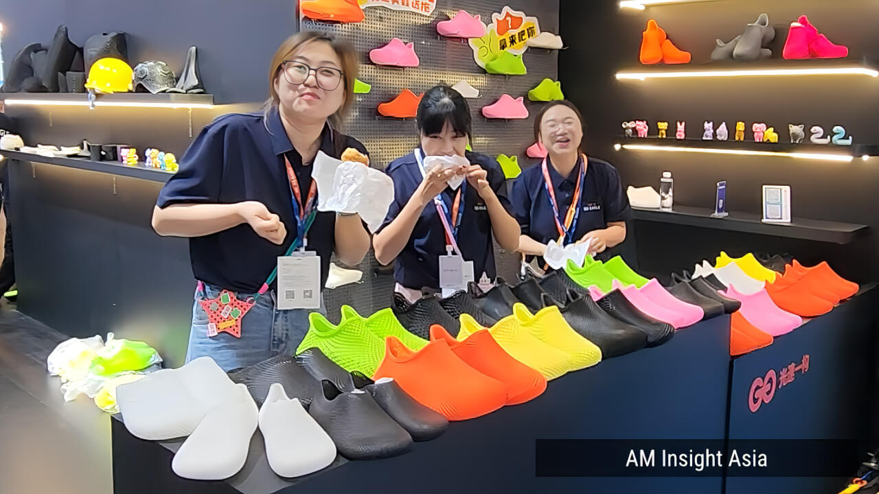 A range of 3D printed shoes in varied colors and designs, seen on the show floor at Formnext Asia Shenzhen 2026 | Photo: AM Insight Asia
