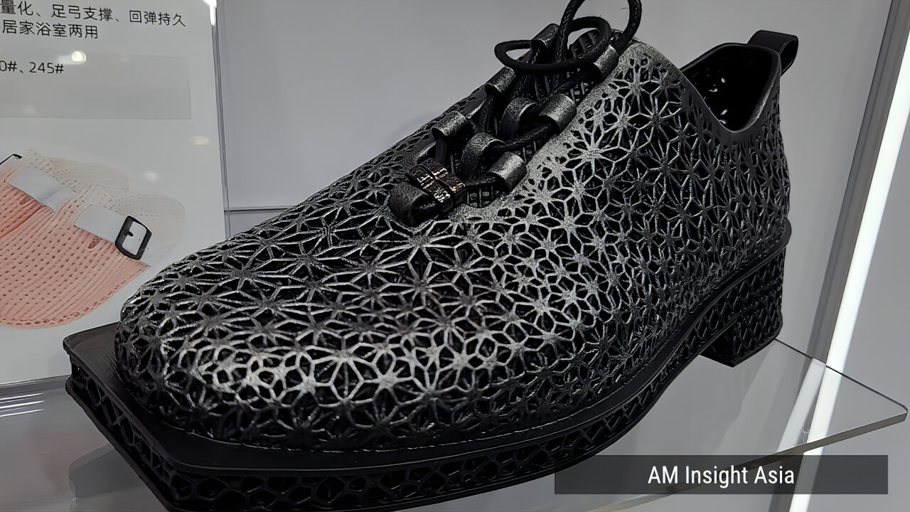 A range of 3D printed shoes in varied colors and designs, seen on the show floor at Formnext Asia Shenzhen 2026 | Photo: AM Insight Asia