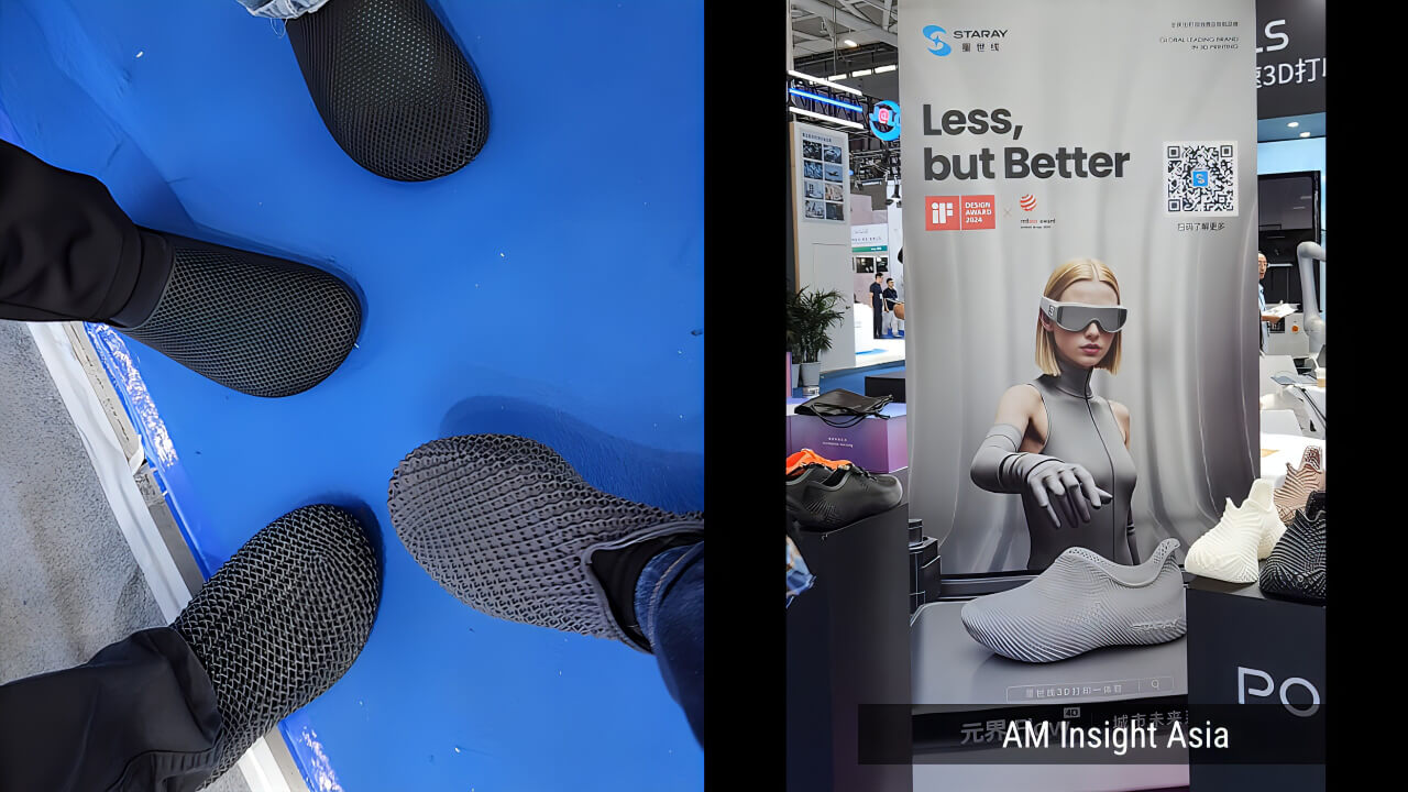 A range of 3D printed shoes in varied colors and designs, seen on the show floor at Formnext Asia Shenzhen 2026 | Photo: AM Insight Asia