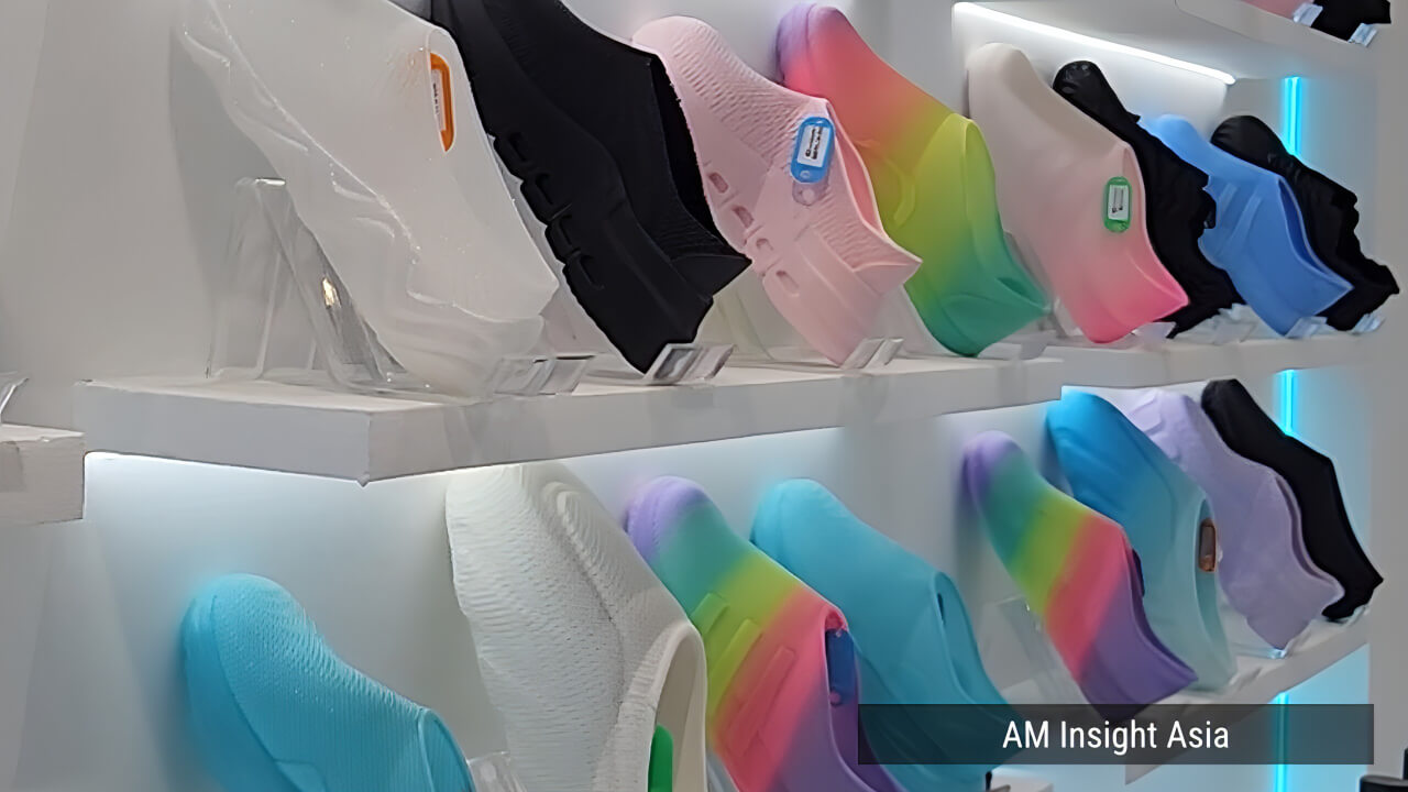 A range of 3D printed shoes in varied colors and designs, seen on the show floor at Formnext Asia Shenzhen 2026 | Photo: AM Insight Asia
