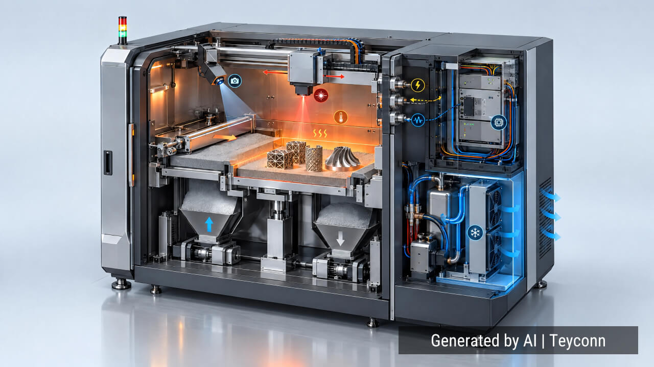 Figure 2. Additive manufacturing machine showing the moving gantry, cable carrier, process chamber and service-side electronics. | Image: Teyconn