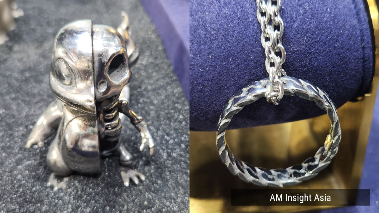 A figure with half its body cut away to show the skeleton (left) and a woven-pattern ring (right). | Photo: AM Insight Asia
