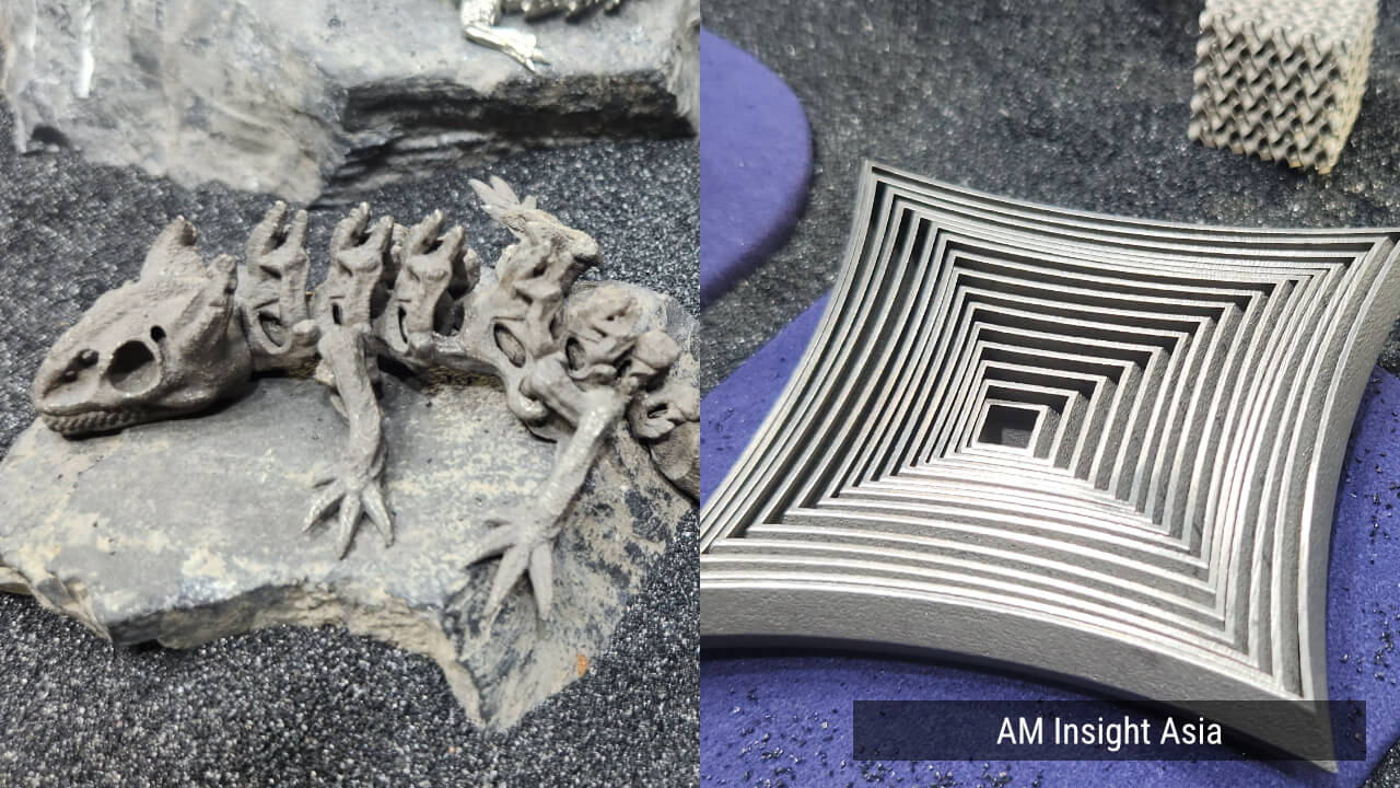 A dinosaur skeleton (left) and a nested square structure printed in one piece with movable layers (right). | Photo: AM Insight Asia