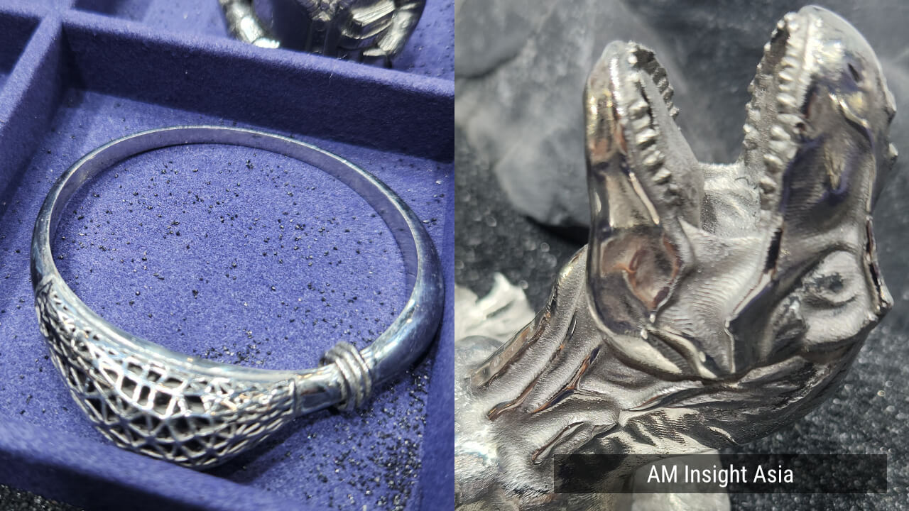 A ring with an openwork pattern (left) and a polished dinosaur head (right). | Photo: AM Insight Asia